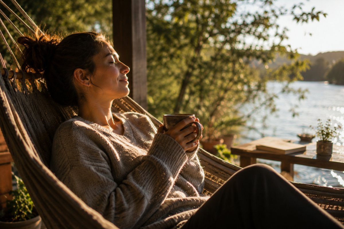 Una persona relajada en un entorno natural disfrutando de un momento de paz