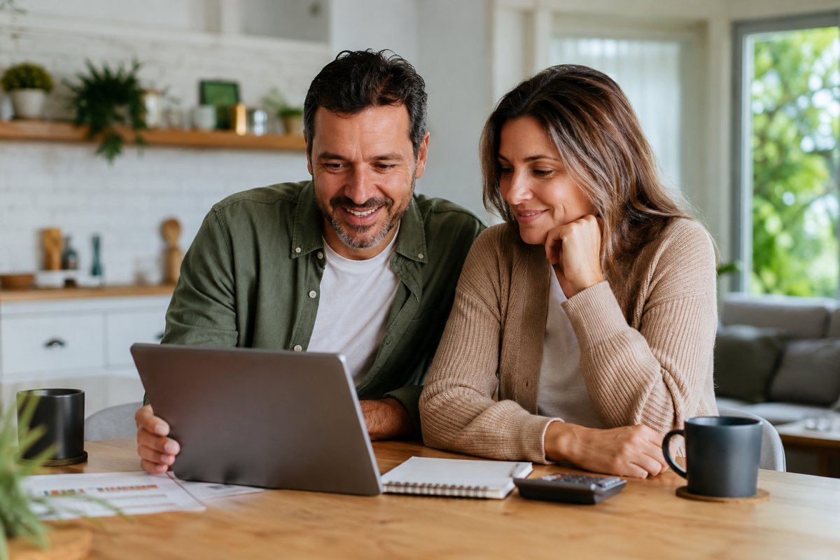Una pareja revisando juntos sus finanzas con una actitud positiva