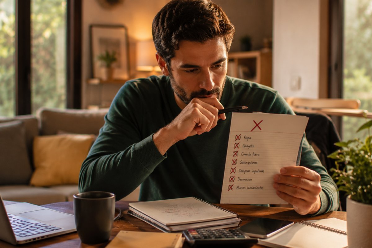 Hombre revisando sus finanzas con una lista de no compra