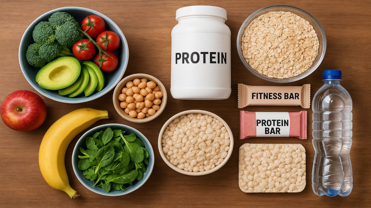 Mesa con alimentos saludables y productos fitness contrastando visualmente entre lo natural y lo procesado