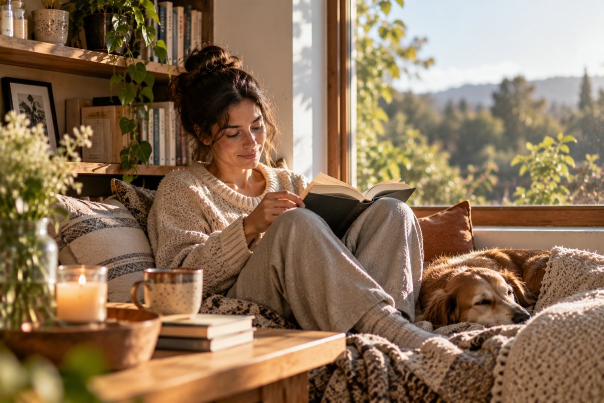 Mujer disfrutando de un libro en un entorno tranquilo