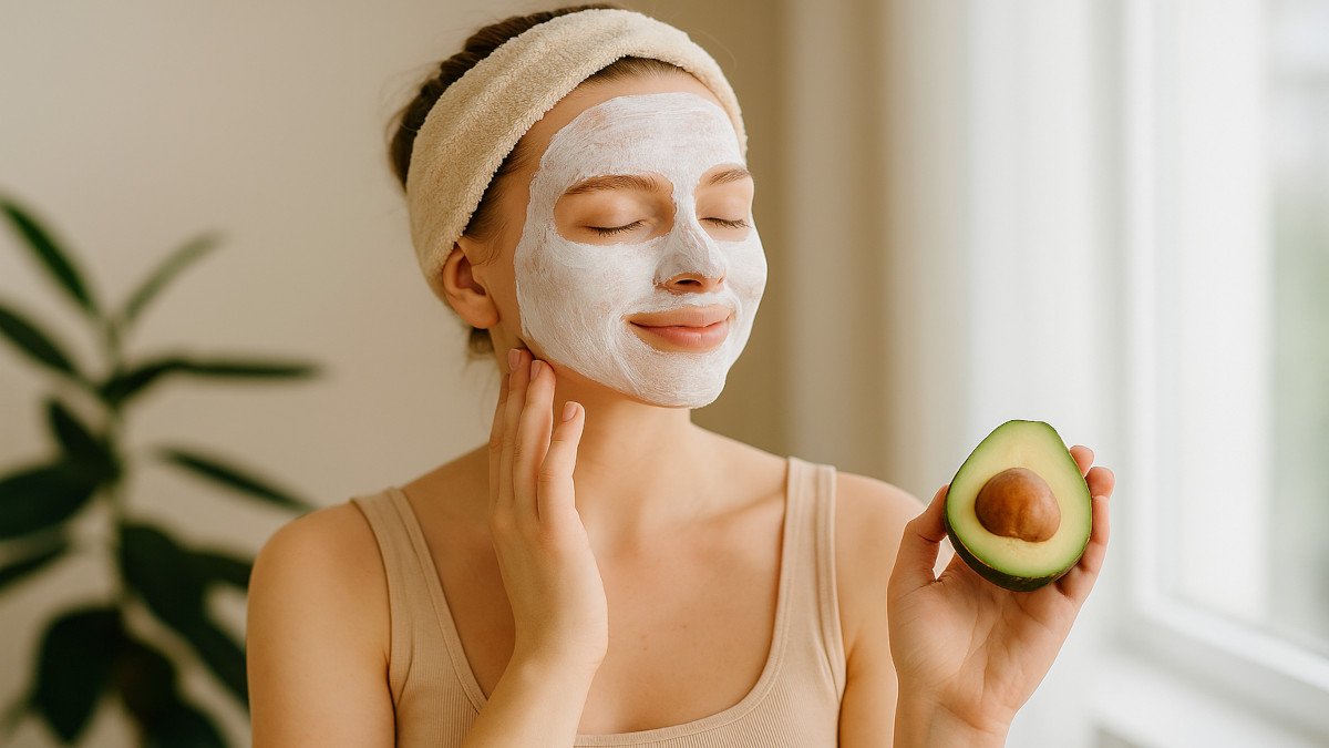 Mujer con mascarilla facial natural aplicada, en un ambiente relajante y luminoso, sosteniendo ingredientes naturales