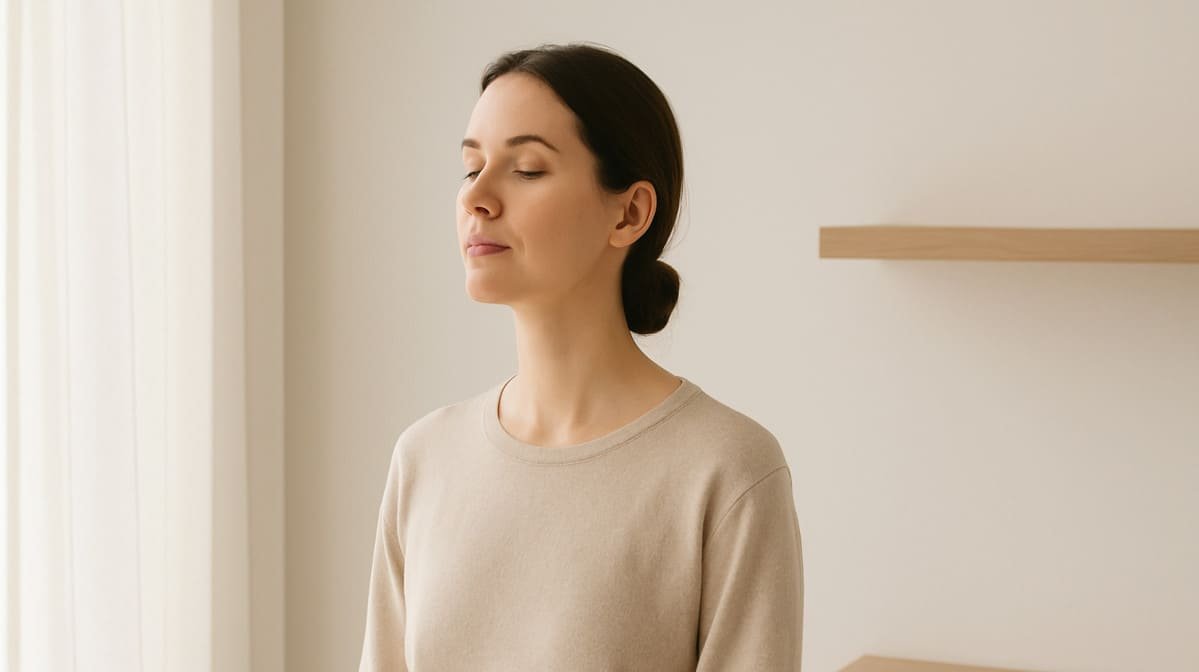 mujer en un espacio minimalista contemplando luz natural en actitud de calma y claridad emocional