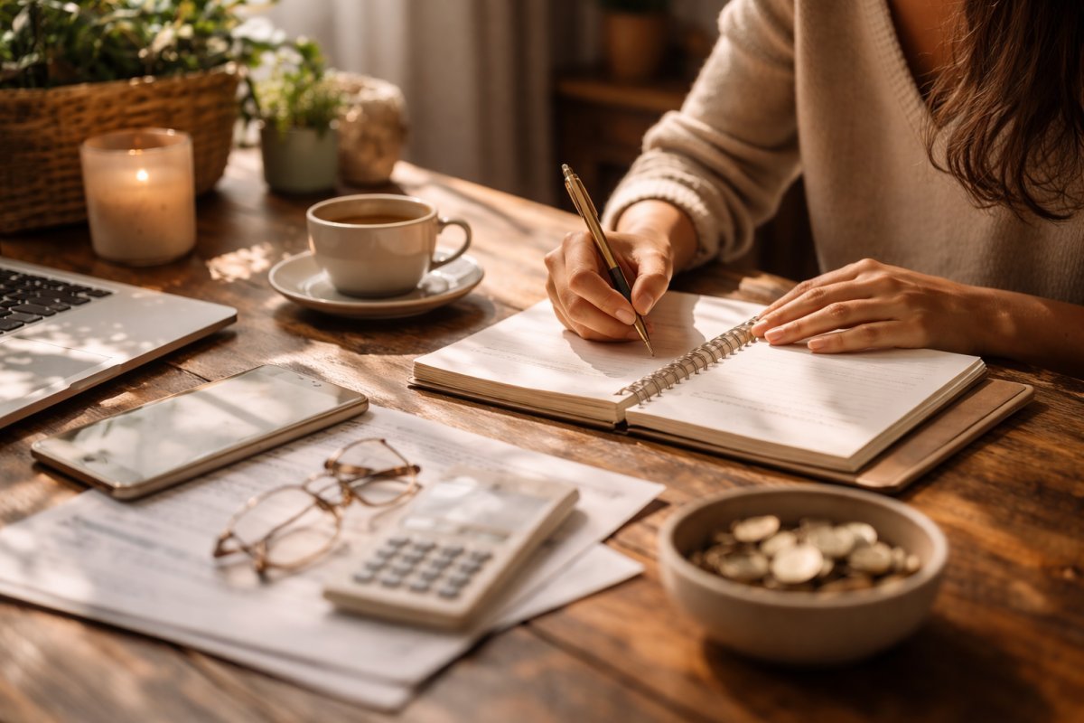 Mujer revisando una libreta en una mesa con luz natural mientras organiza sus ideas en un momento de calma