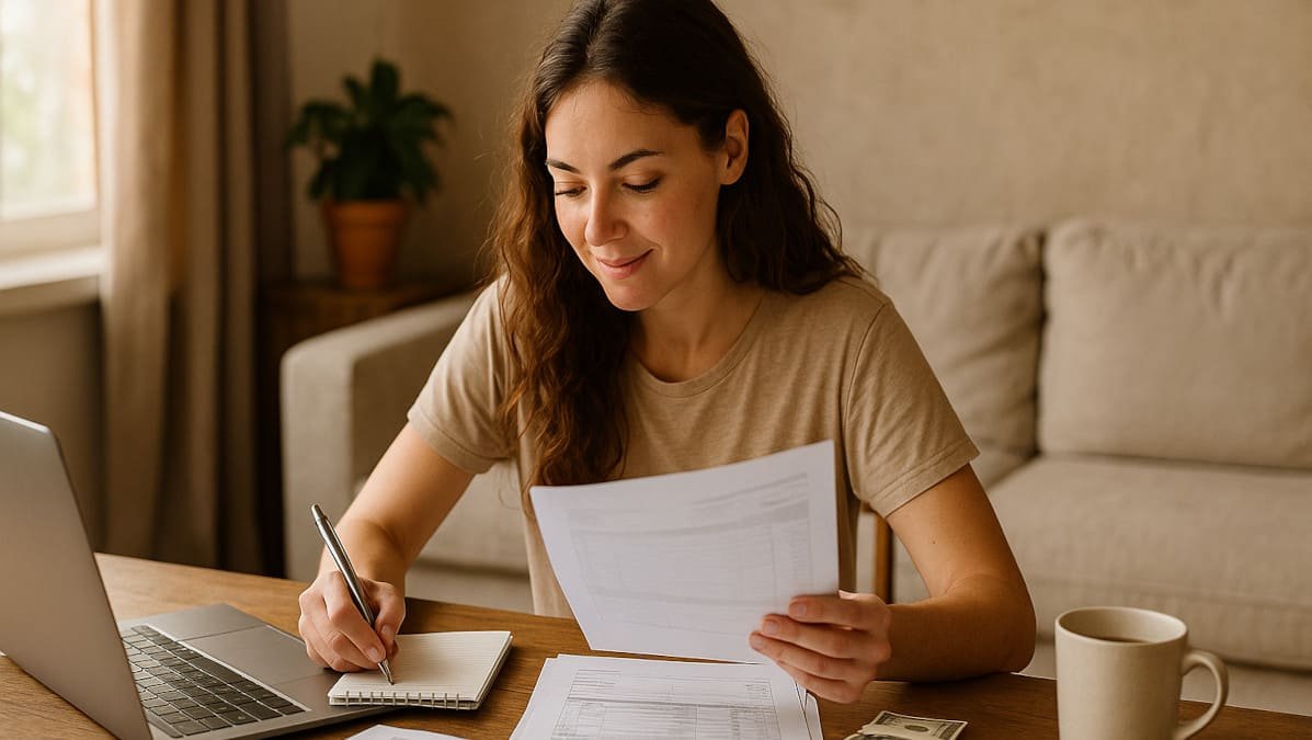 mujer joven organizando sus finanzas en un espacio luminoso y tranquilo