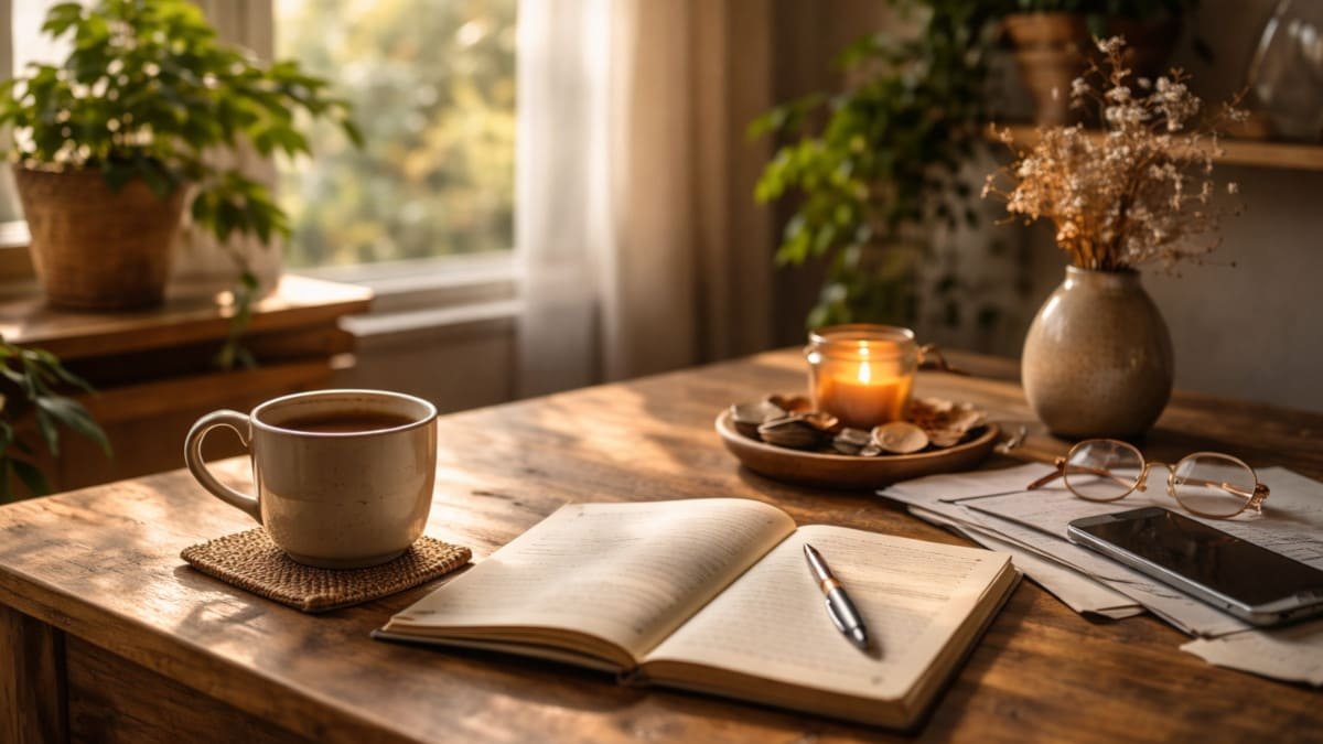 mesa con taza de cafe cuaderno abierto luz natural entrando por la ventana ambiente tranquilo