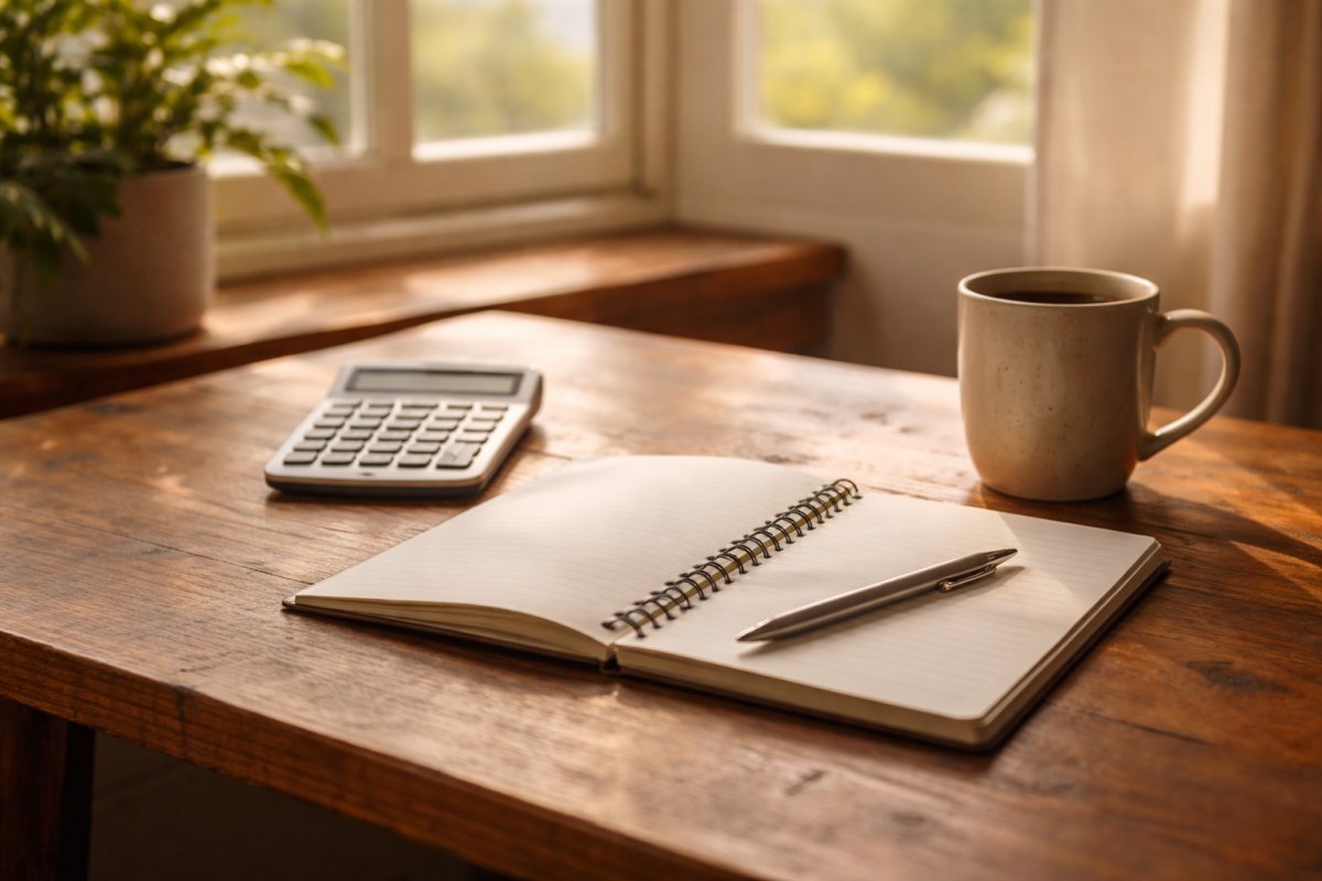 Mesa de madera con libreta abierta, calculadora sencilla y taza de café junto a una ventana con luz natural suave