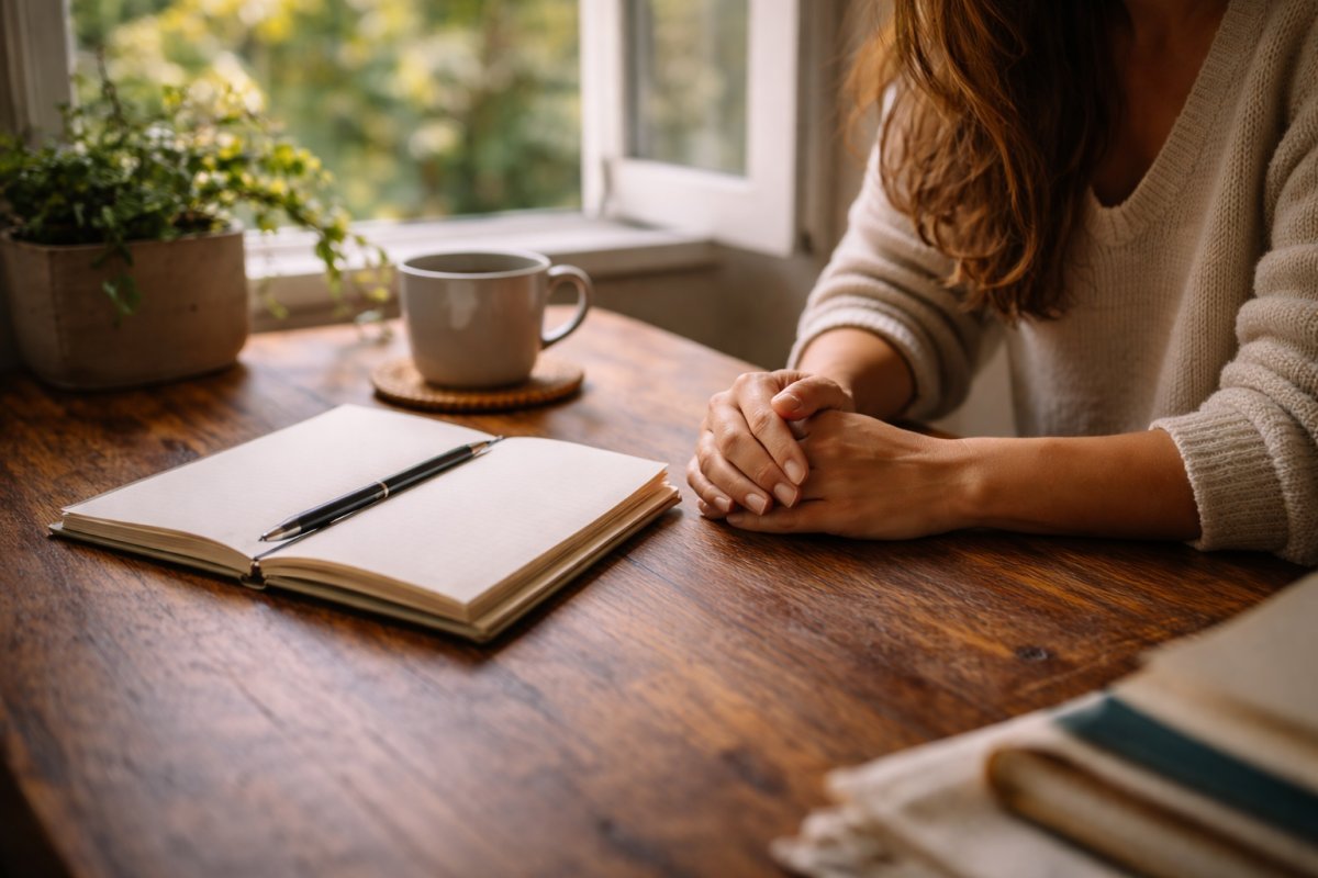Manos apoyadas sobre una mesa junto a una ventana abierta mientras entra luz natural y una libreta permanece sin usar