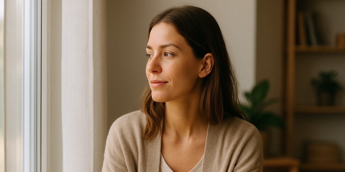 Mujer relajada mirando por la ventana con expresión serena, luz natural cálida y ambiente tranquilo estilo wellness