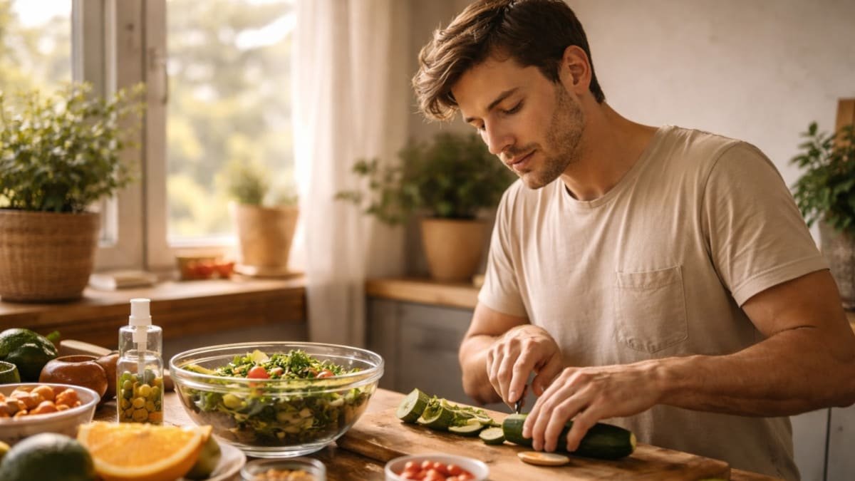 persona preparando comida saludable con luz natural cocina tranquila