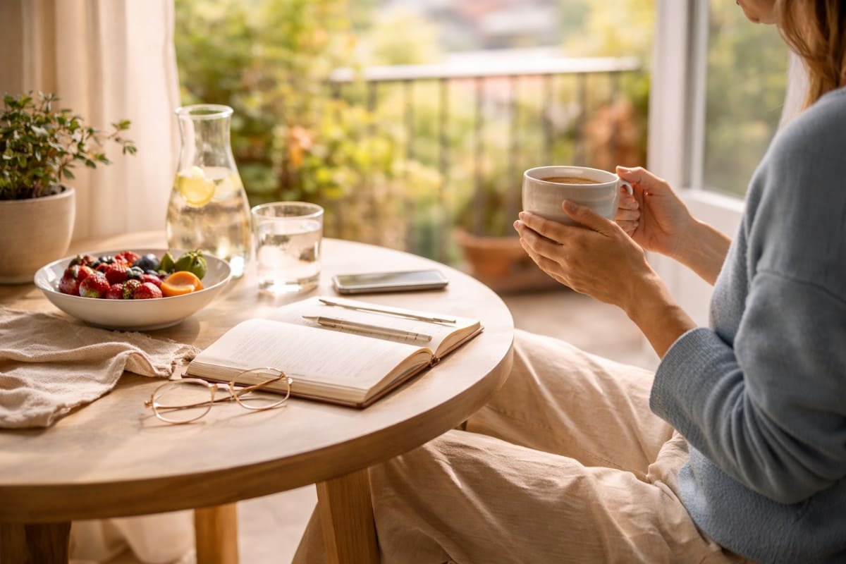 escena cotidiana de pausa y movimiento suave que transmite enfoque sostenido sin urgencia