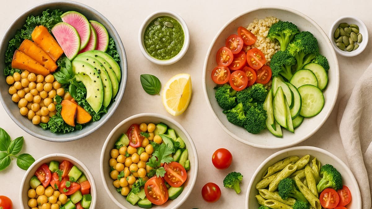 Platos frescos y coloridos de cocina plant-based con vegetales variados sobre mesa minimalista