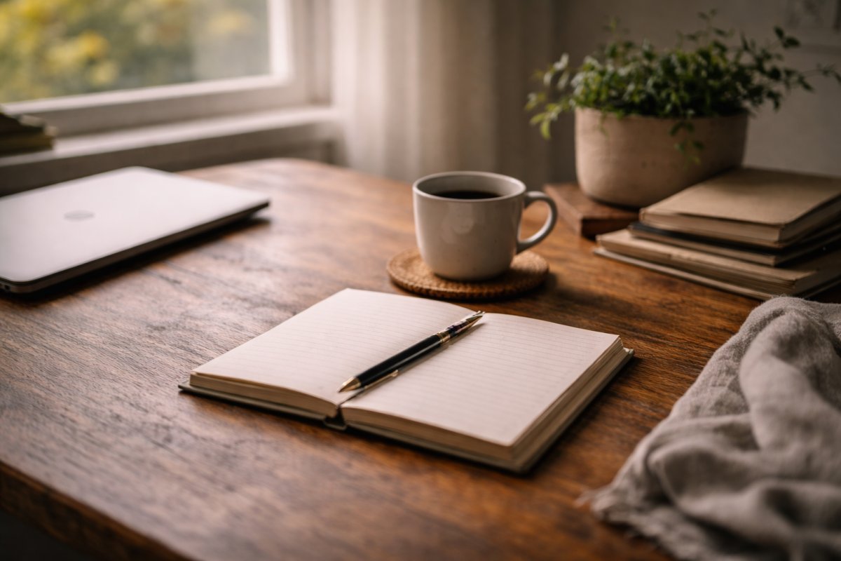 Escritorio con laptop cerrada, libreta y taza de café mientras la luz de la tarde entra suavemente creando un ambiente de pausa