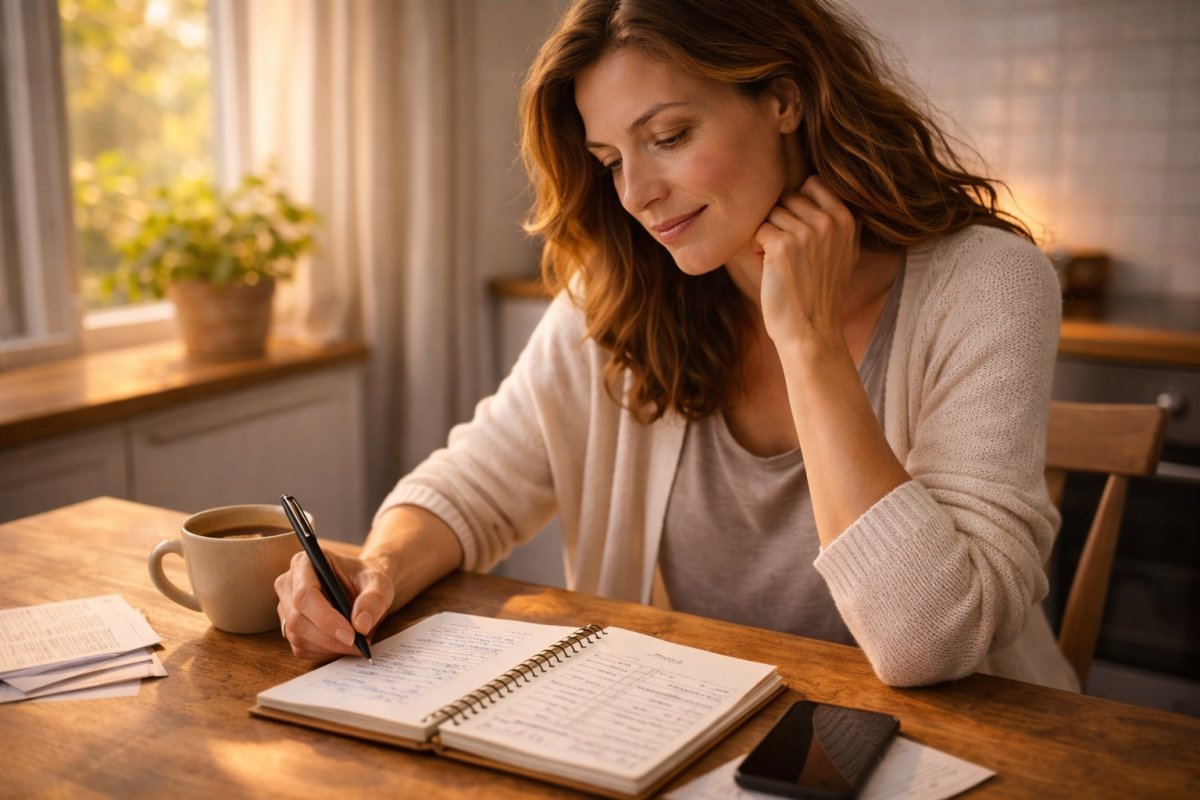 Mujer adulta revisando un cuaderno de presupuesto en una mesa con luz natural y una taza de café