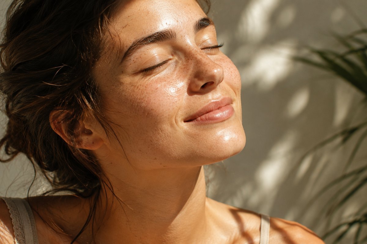 Primer plano de una piel natural y radiante al sol