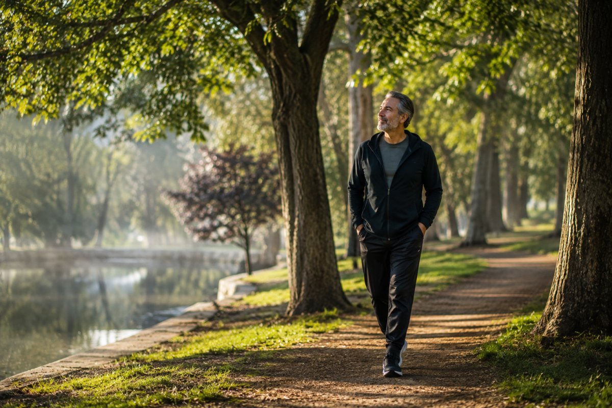 Un hombre maduro disfrutando de una caminata tranquila en un parque