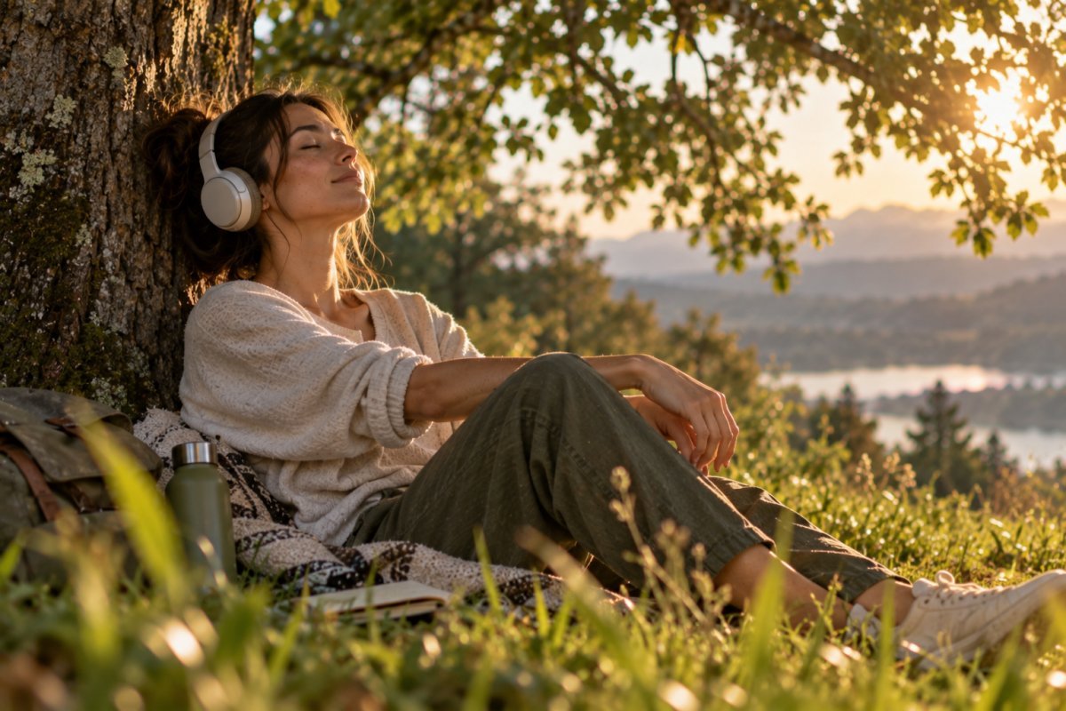 Persona disfrutando de música relajante bajo un árbol