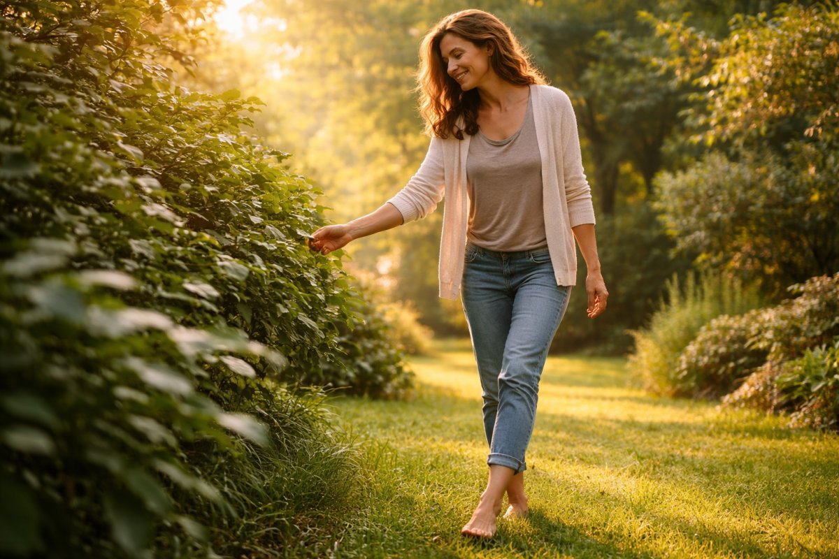 Mujer adulta caminando descalza sobre césped húmedo mientras toca hojas con luz natural de la mañana