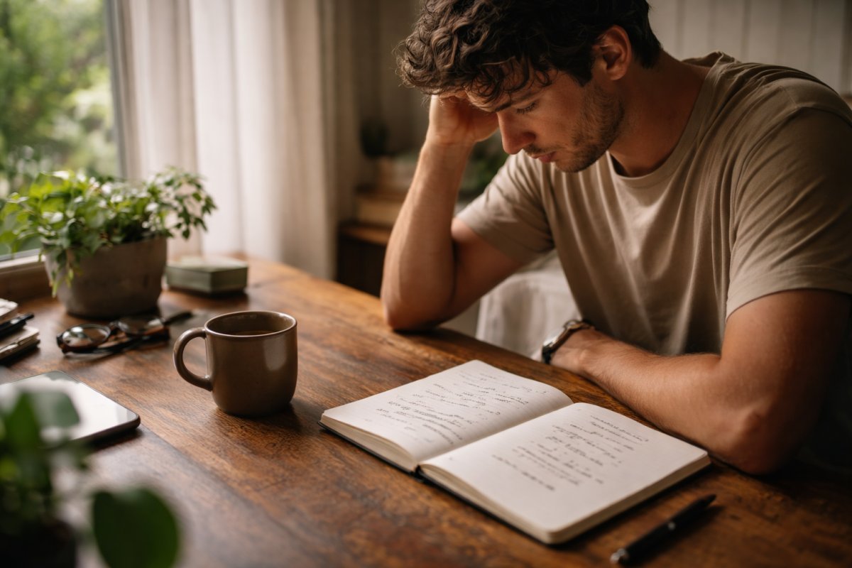 Mesa con libreta abierta y café frío junto a una lista de hábitos incompletos mientras entra luz suave de mañana