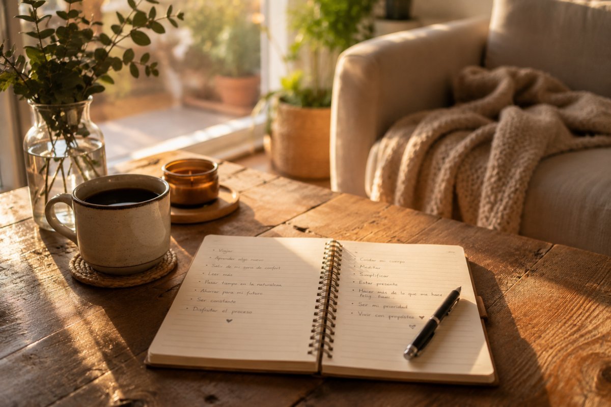 cuaderno abierto con metas escritas junto a una taza de café mientras entra luz cálida de la mañana en una sala silenciosa