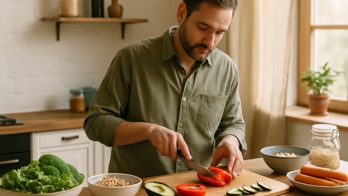 persona preparando alimentos frescos en una mesa de cocina