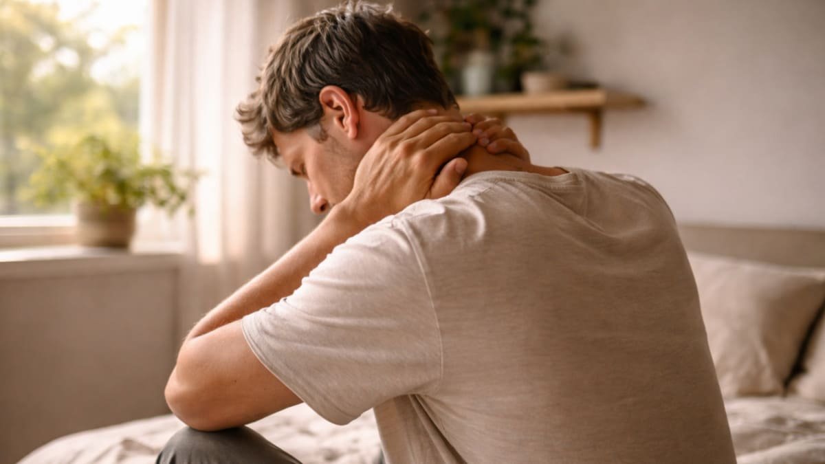 persona sentada con manos en el cuello y luz suave entrando por ventana