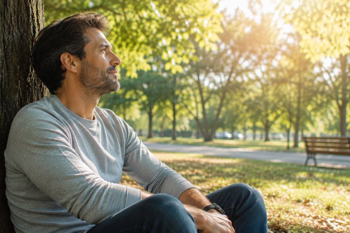 Un hombre reflexionando en un parque en un día soleado