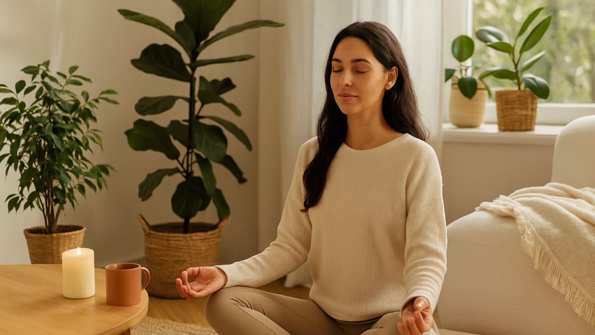 Mujer relajada en un espacio natural preparando su ritual dominical de bienestar