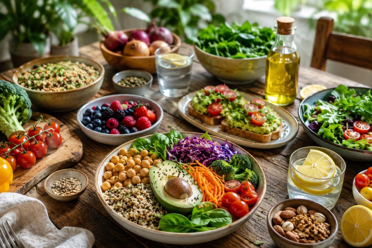 Mesa con alimentos coloridos y naturales para una vida saludable