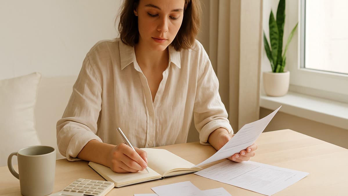 mujer organizando su presupuesto en una mesa iluminada