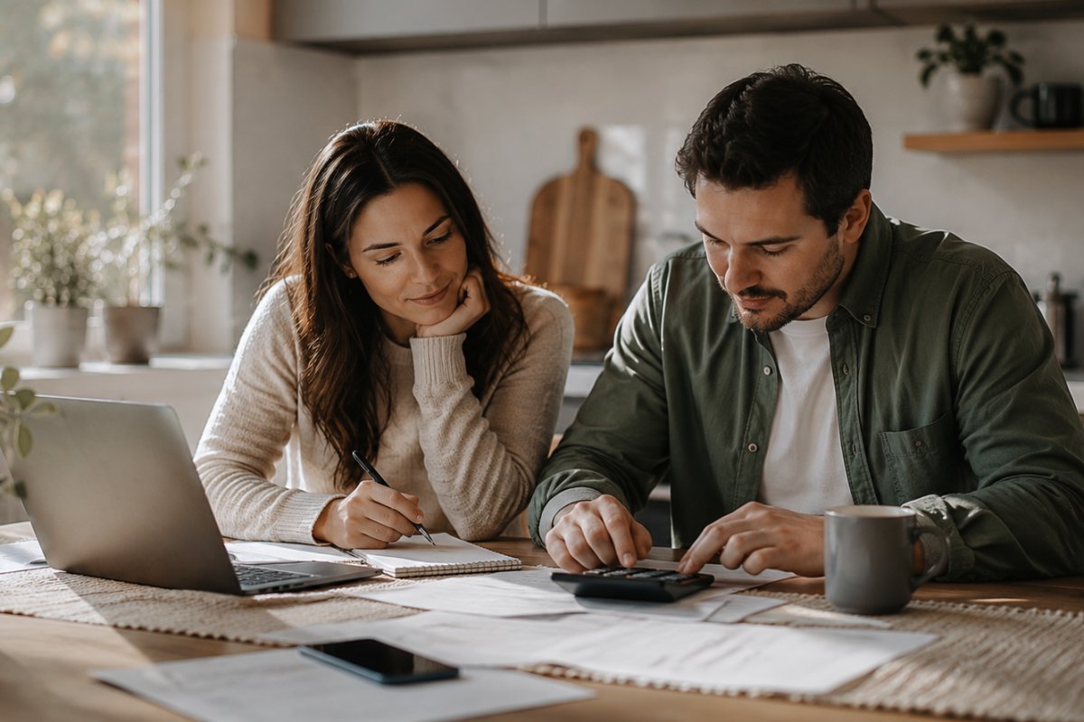 Pareja revisando finanzas con calma en la mesa de la cocina