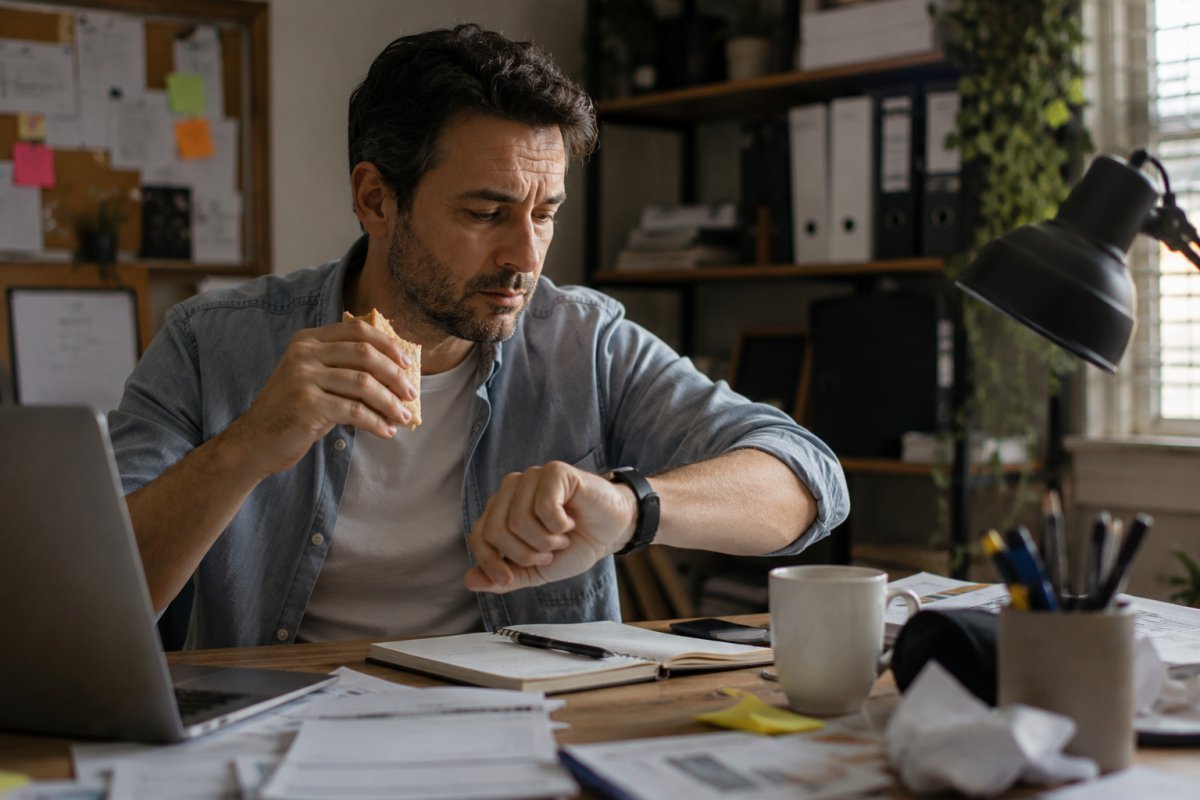 Hombre mirando la hora mientras come en un escritorio desordenado