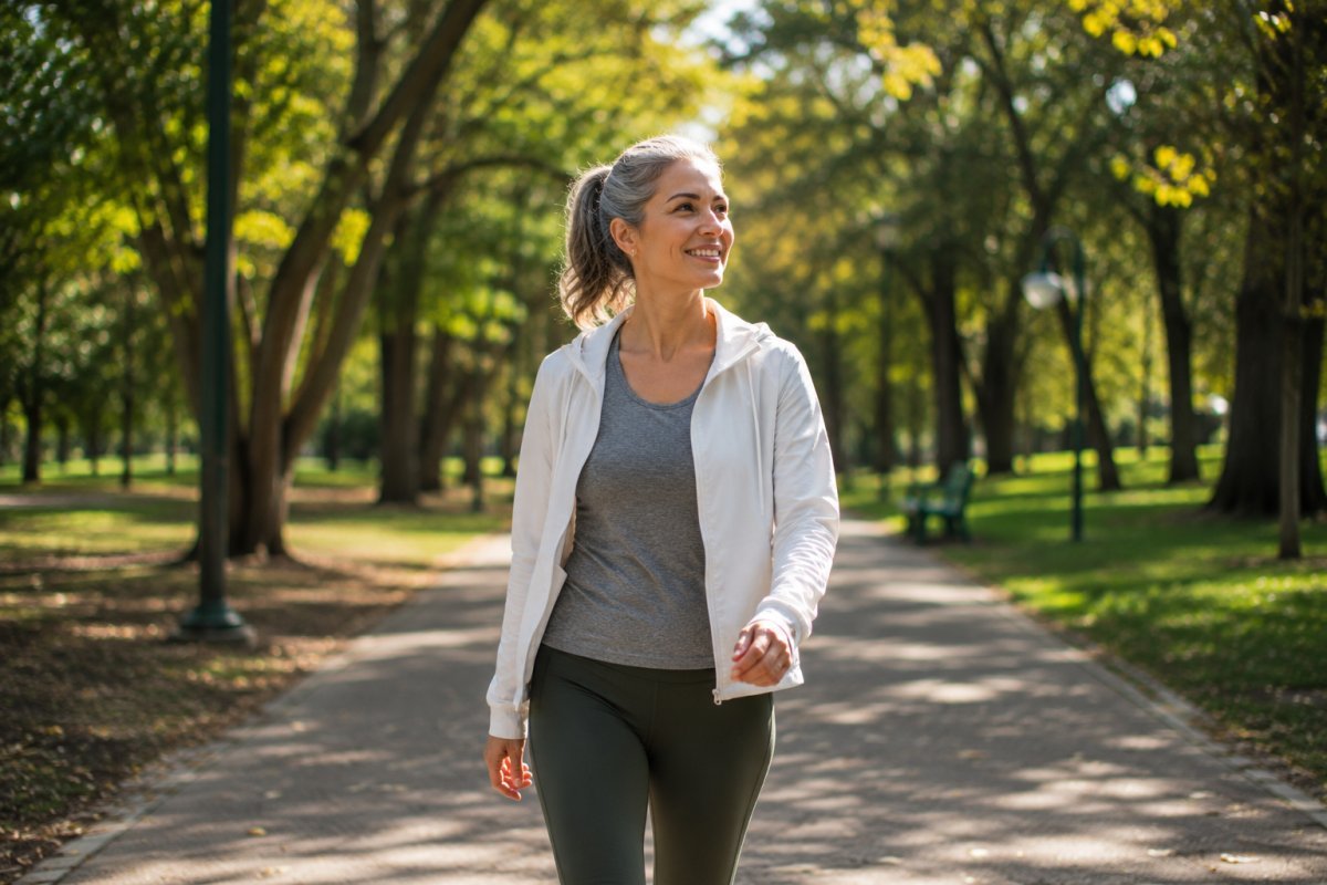 Mujer mayor caminando en un parque con actitud positiva