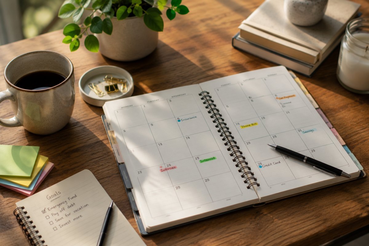 Un calendario de pagos sobre una mesa de madera organizada
