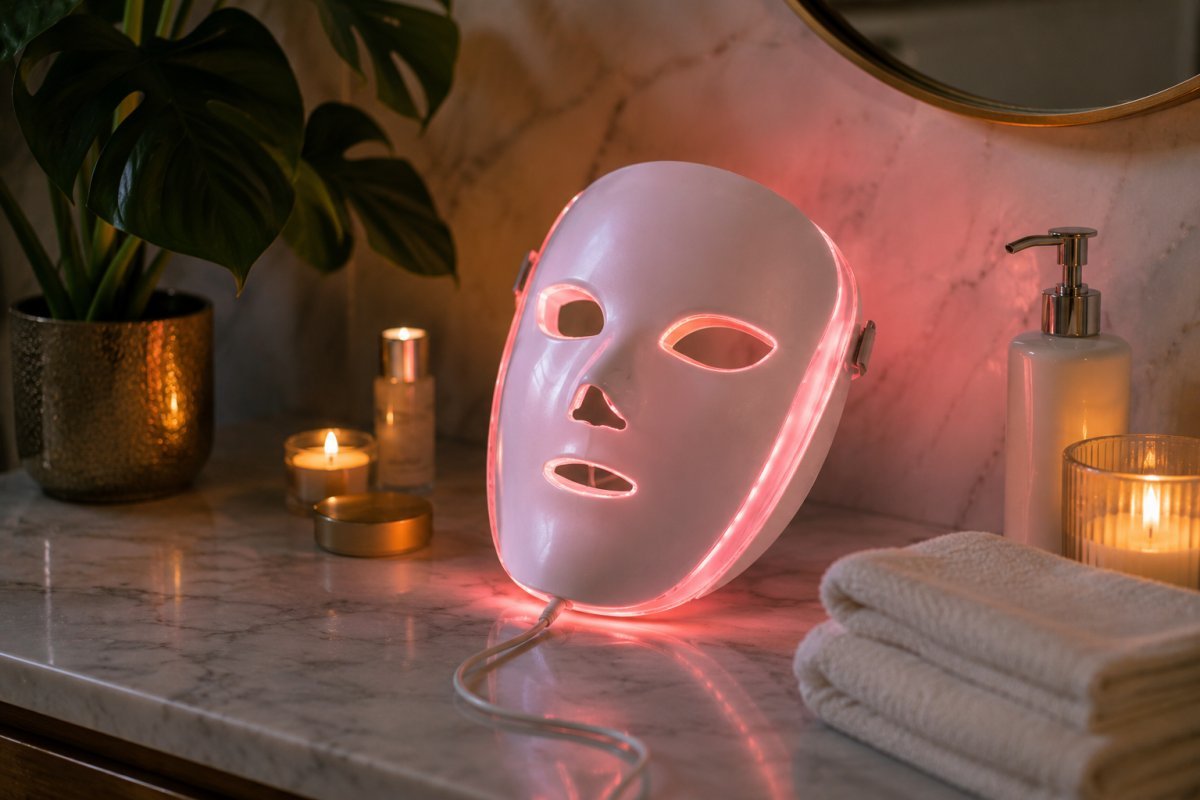 Un dispositivo LED facial emitiendo suaves luces de colores