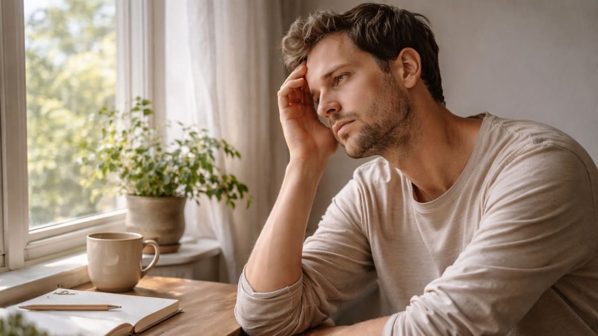 persona sentada mirando por la ventana con luz suave y gesto cansado