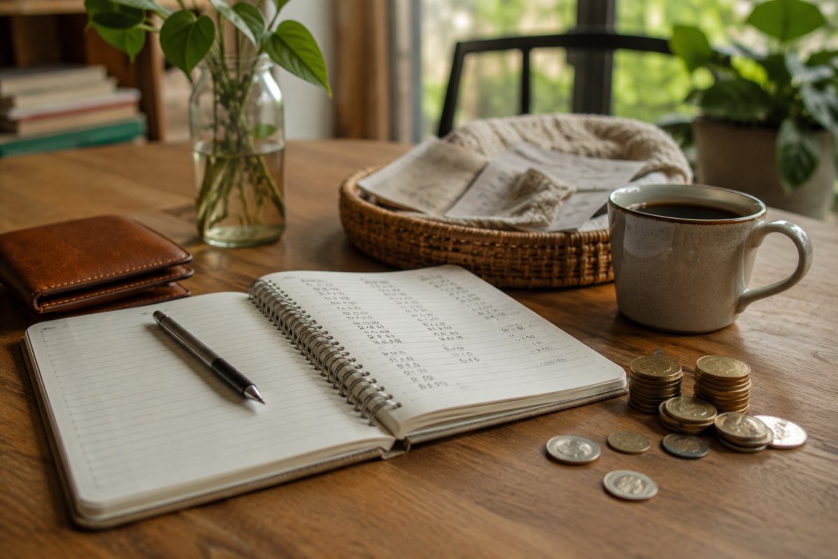 libreta abierta con cuentas sencillas junto a una taza de café y monedas sobre una mesa de casa