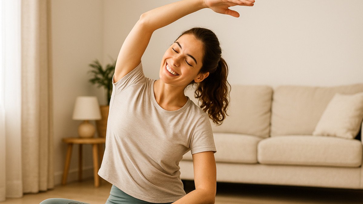 Mujer sonriente realizando una breve rutina matutina en casa, con luz natural y ambiente tranquilo estilo wellness