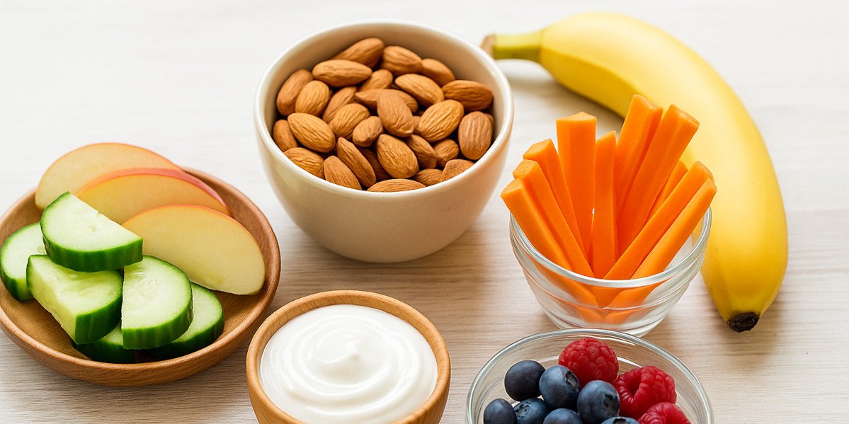 Mesa con snacks saludables como frutas, nueces y yogurt natural, en ambiente luminoso y estilo wellness