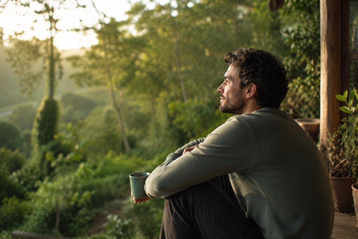 Un hombre reflexionando en un espacio tranquilo al aire libre