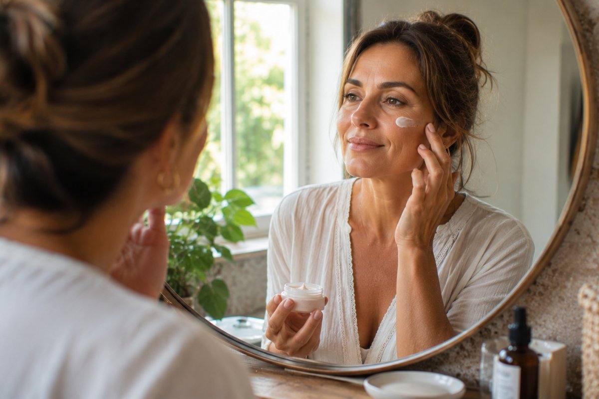Una mujer madura aplicando crema facial con confianza