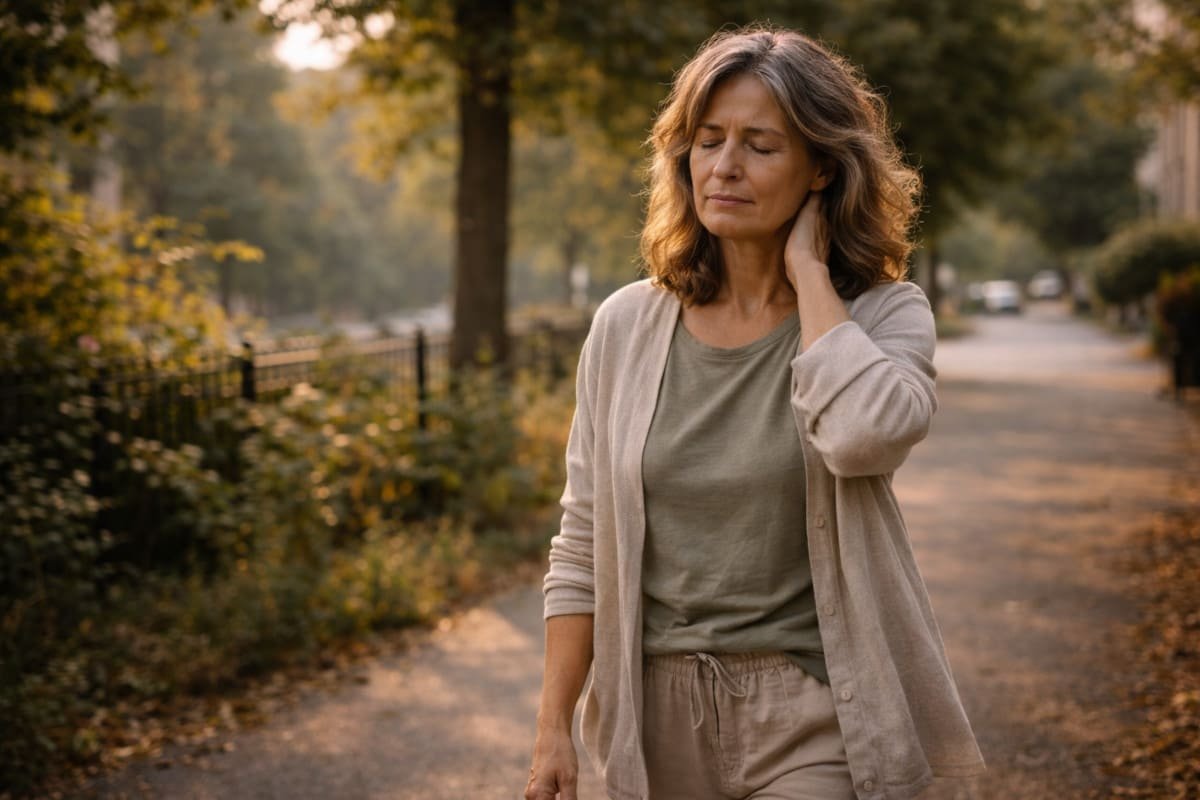 escena cotidiana con señales sutiles de cansancio corporal y tensión acumulada