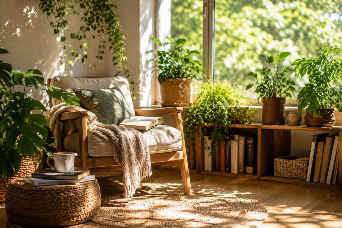 Rincón de lectura eco-amigable con plantas y luz natural