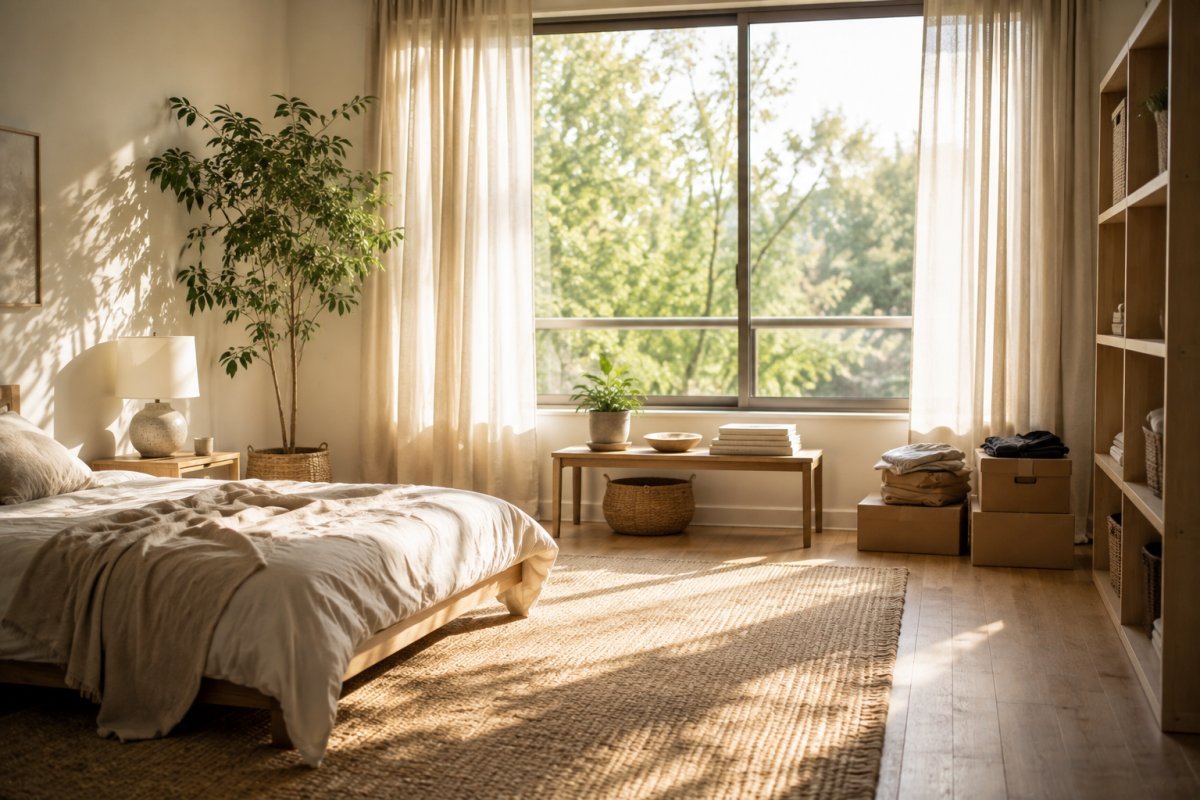 Una habitación despejada con luz natural entrando por la ventana
