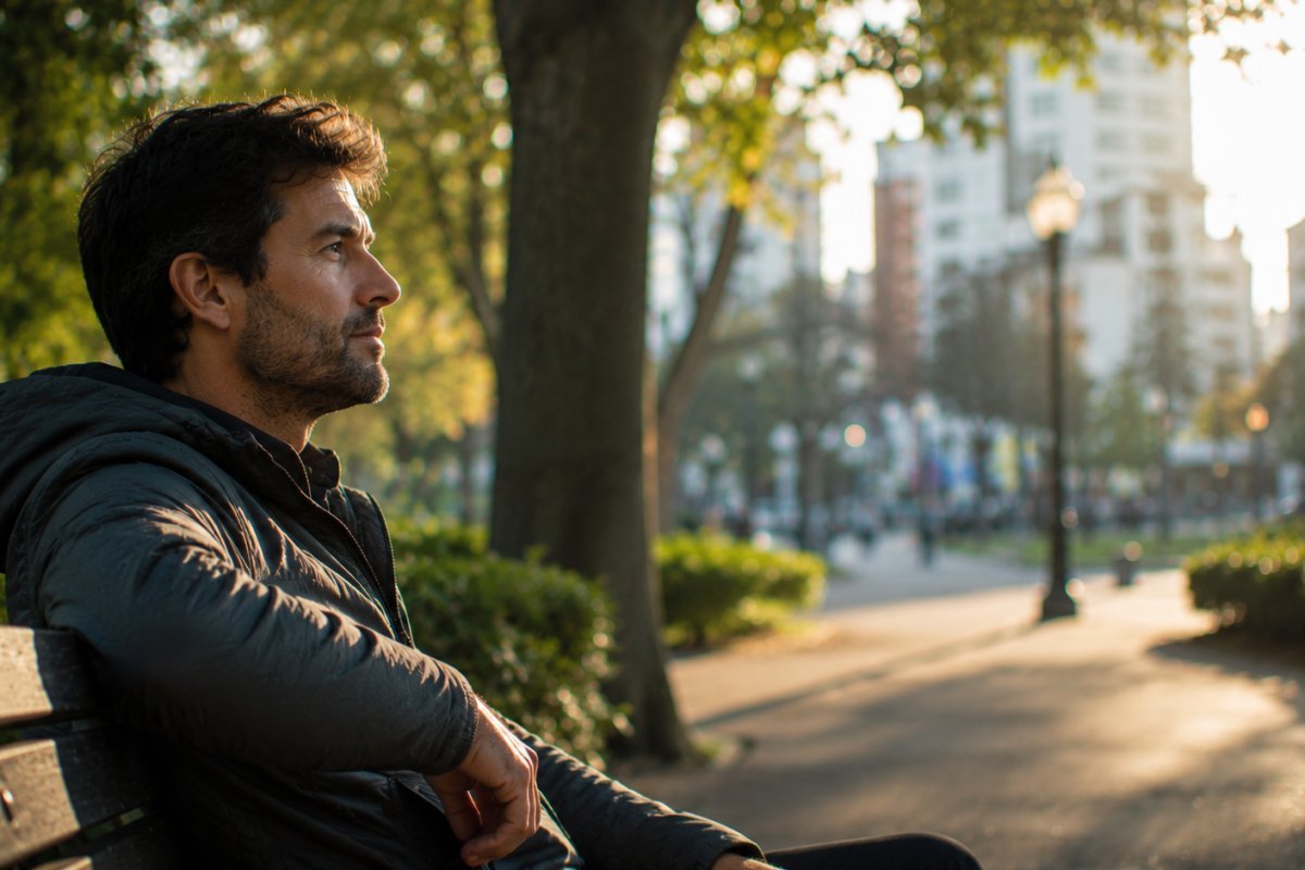Un hombre reflexionando tranquilamente en un parque urbano