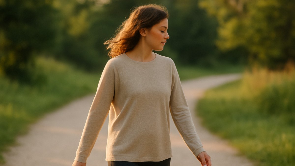 persona caminando lentamente al aire libre con luz natural suave