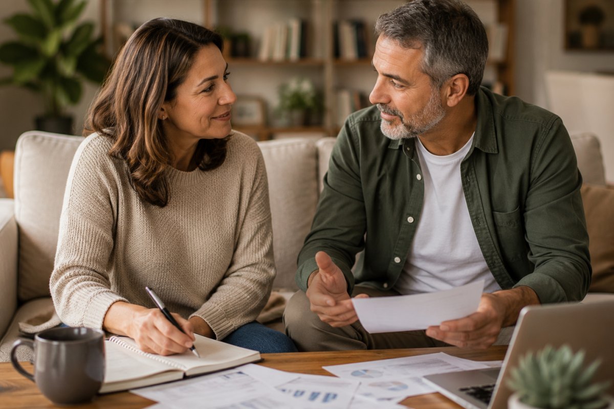 Una pareja madura conversando relajadamente sobre finanzas en el salón de casa