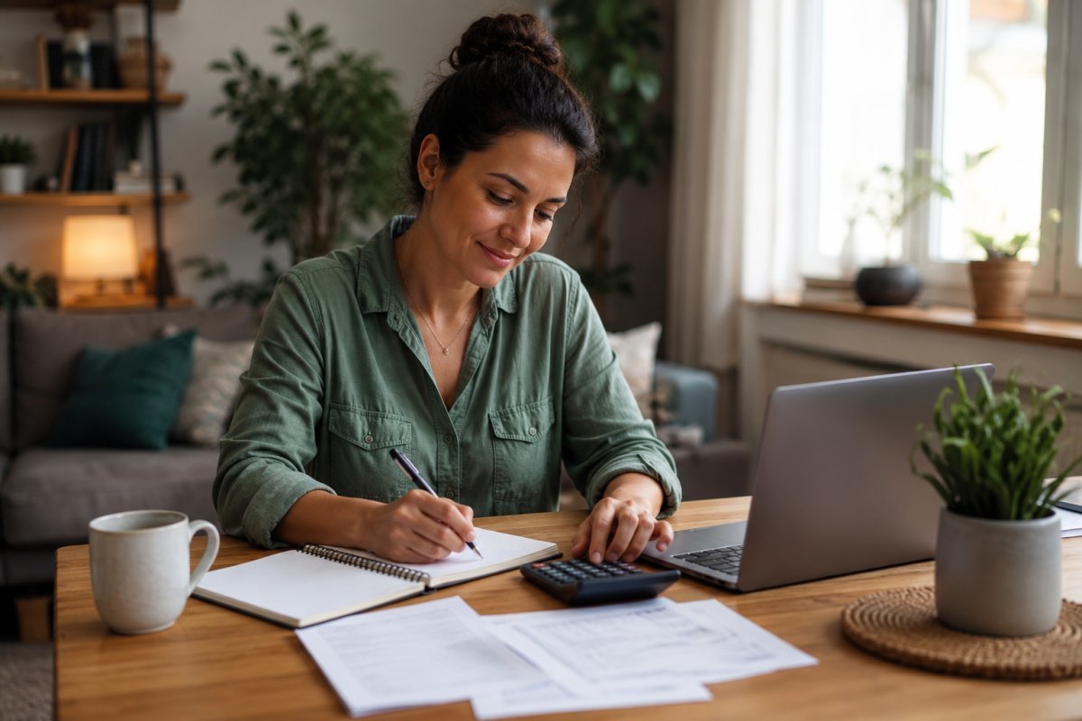 Una mujer revisando sus finanzas con serenidad en su hogar