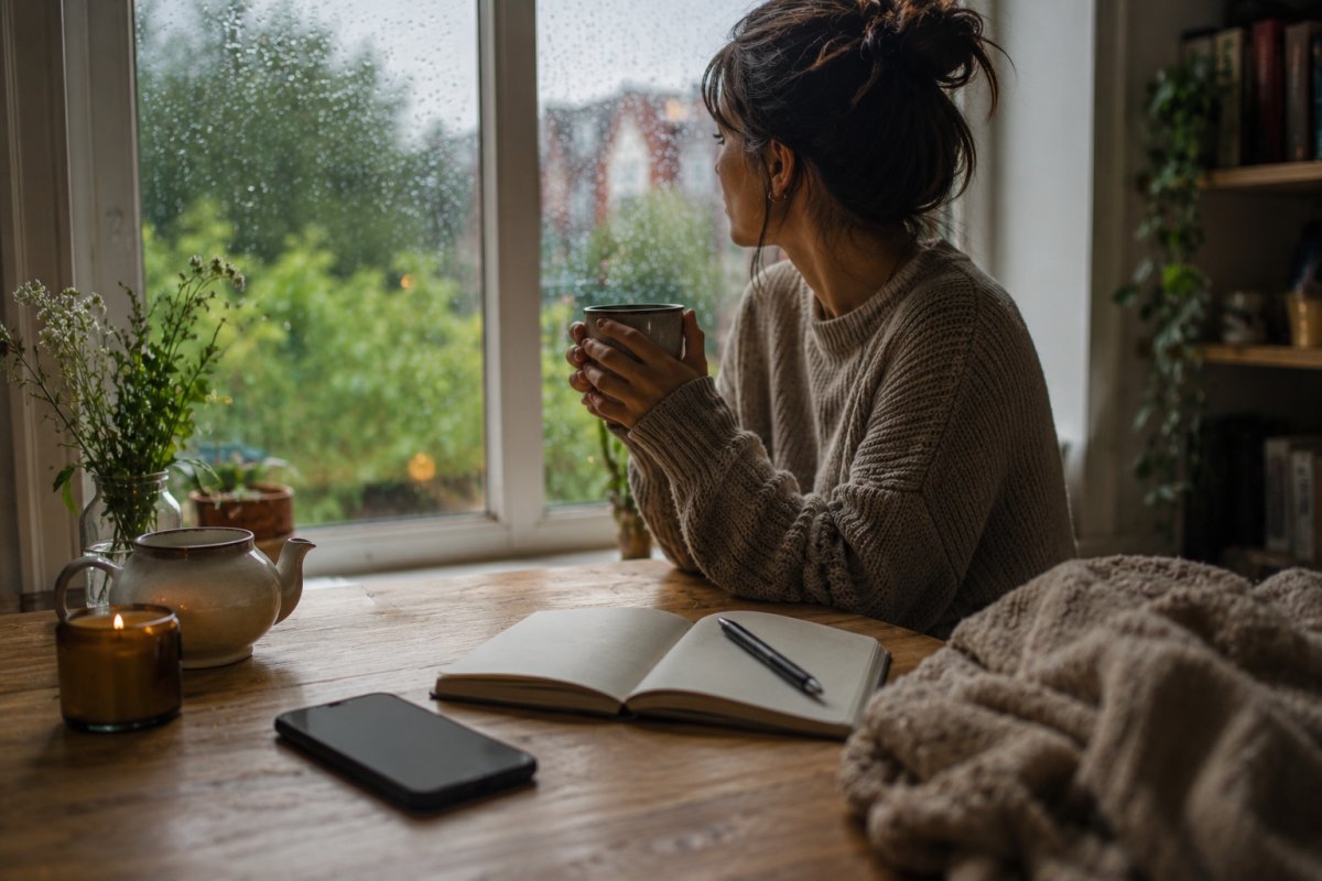 mesa con celular boca abajo junto a una libreta abierta y una taza de té frente a una ventana lluviosa