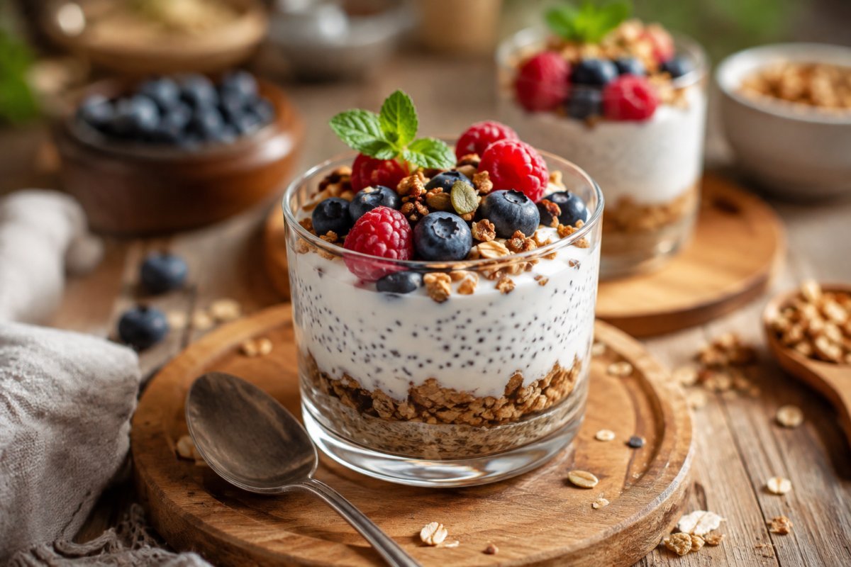 Delicioso postre saludable sobre una mesa de madera